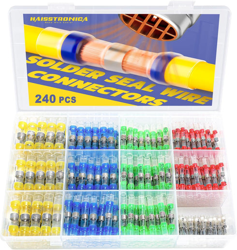 Haisstronica 240PCS Solder Seal Wire Connectors Kit, 26-10 Gauge Marine Grade Heat Shrink Butt Connectors, 5 Colors