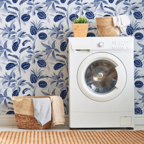 Palm Tree Leaf Navy Blue and White Floral Wallpaper, Peel and Stick Tropical Wallpaper, Removable for Bathroom