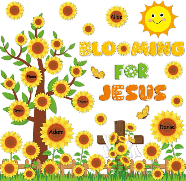 gisgfim Sunflower Bulletin Board Decoration Set, Religious Cutouts for Classroom Welcome Blooming for Jesus