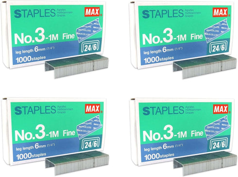 PLESIU MEselected MAX No.3-1M Flat Clinch Staples (24/6) for Office, 4 Boxes (4,000 Staples), Silver