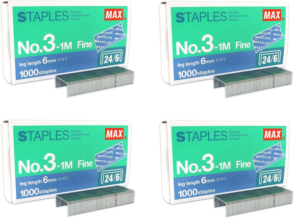 PLESIU MEselected MAX No.3-1M Flat Clinch Staples (24/6) for Office, 4 Boxes (4,000 Staples), Silver