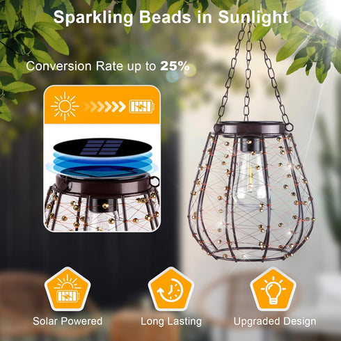 2 Pack- Hanging Solar Lantern Lights, Solar Chandelier Outdoor Waterproof Vintage Copper Outdoor Hanging Lights