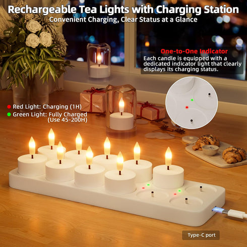 12Pcs Rechargeable Flameless Tea Lights Candles with Charging Station Battery Tea Lights Candles with Remote & Timer