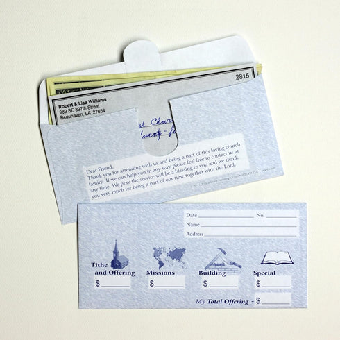 Church Offering/Tithe Donation Envelopes, Friendly Welcome Message, Missions, Building & Special, Simple Design, Easy-open Tab, Fits Bills & Checks - Blue - Package of 125