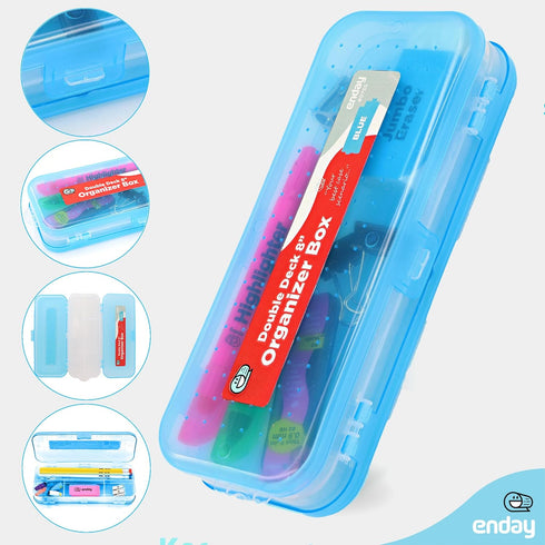 Enday Pencil Box Blue, Plastic Double Deck Pencil Case with 7 Compartments for Home and Office