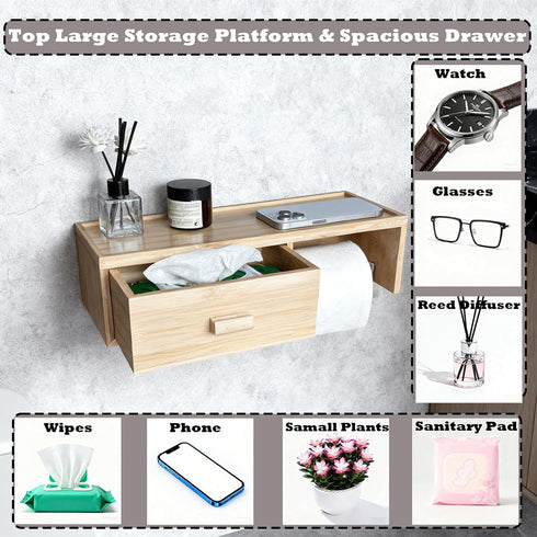 TEGUEPS Bamboo Toilet Paper Holder with Shelf,Wall Mount Bathroom Holder with Wet Wipes Storage Drawer(Natural)