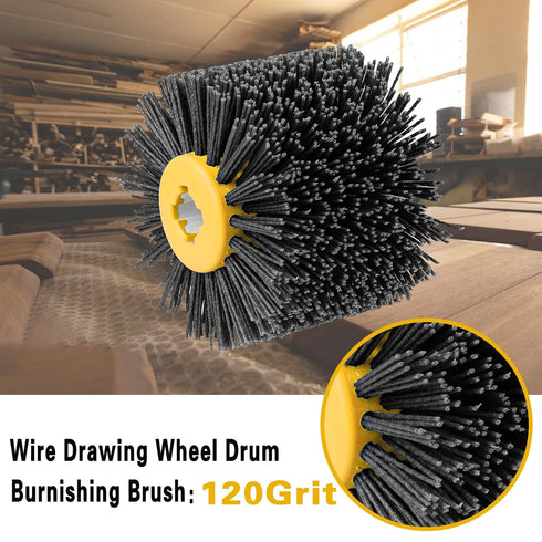 Abrasive Nylon Wire Drawing Wheel Drum Brushes, 120 Grit 120x100mm Wheel Drum Burnishing Tool Polishing Brush Wooden Wheels for Wood Furniture Working Surface Conditioning Tool