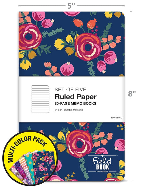 Elan Publishing Company Field Notebook/Journal - 5"x8" - Assorted Patterns - Lined Memo Book - Pack of 5