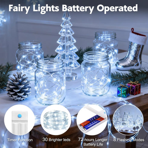 10 Pack 10 30 8 Fairy Lights Battery Operated with Timer, Ft LED String Lights Indoor Outdoor, Modes Waterproof Twinkle