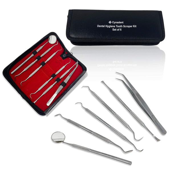 CynaMed Dental Tools Set - 6PC Stainless Steel Dental Pick, Tooth Scraper, Plaque Remover for Oral Care