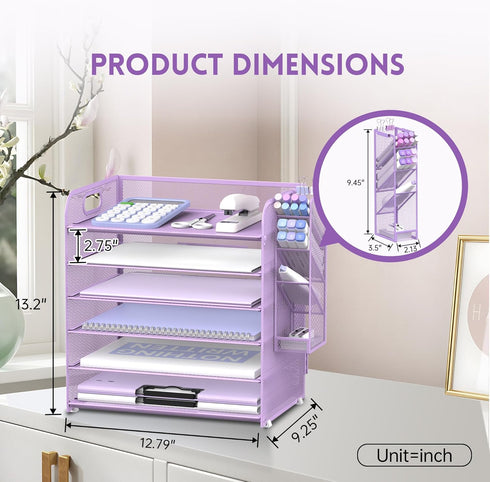 SUPEASY 6 Tier Paper Organizer with 4 Pen Holders, Mesh Desk Organizer for A4 File Folder, Purple