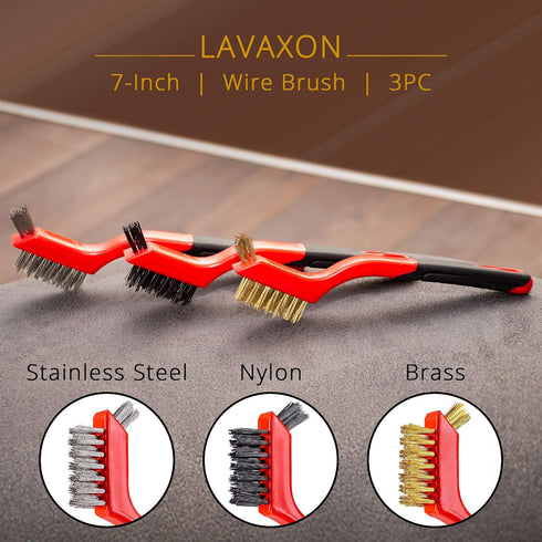 Wire Brush Set 3Pcs - Nylon, Brass, Stainless Steel Bristles with Curved Handle for Rust, Dirt & Paint Scrubbing