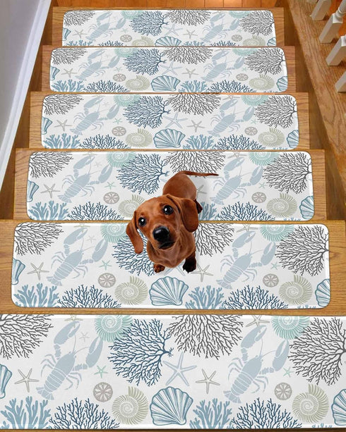 BOHOOSKYLAR 4 8"x30" Blue Lobster Stair Treads Ocean Starfish Shell Coral Marine Life Indoor Non Slip Peel and Stick