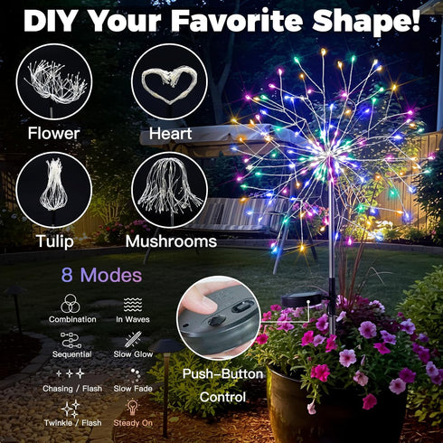2 Pack 150LED 8 suddus Solar Garden Lights Outdoor Waterproof, Upgrade Solar Firework Lights, Modes Starburst Fairy
