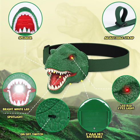 Dinosaur Headlamp for Kids Flashlight Led Headlights Roar & Silent Mode, T-Rex Dinosaur Toys, Camping Gear, Gifts for Boys Girls Adults by Nitigo
