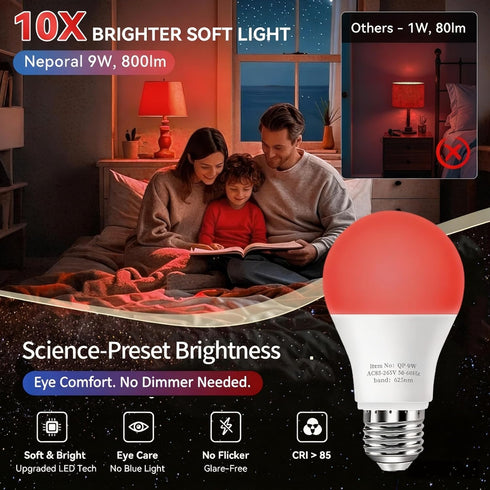 625nm Bulb 100% Bulb A19 9W 60W Bulb 1PK Neporal Red Light for Sleep, Blue Light Blocking for Melatonin Promote, LED