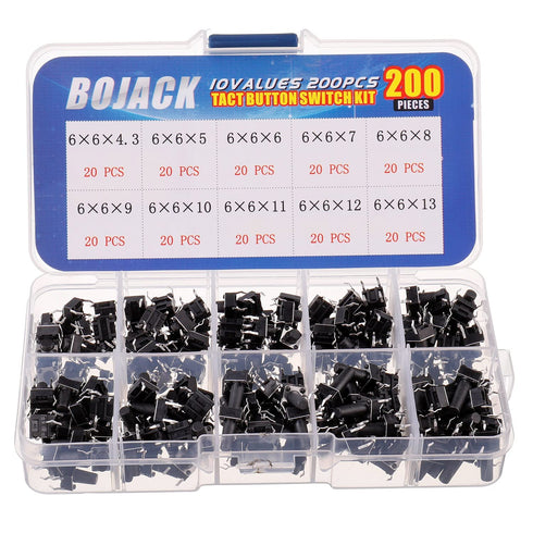 BOJACK 10 Values 200 Pcs 6x6 mm Tactile Pushbutton Switches - 4 Pin Momentary Push Button Switches Assortment Kit