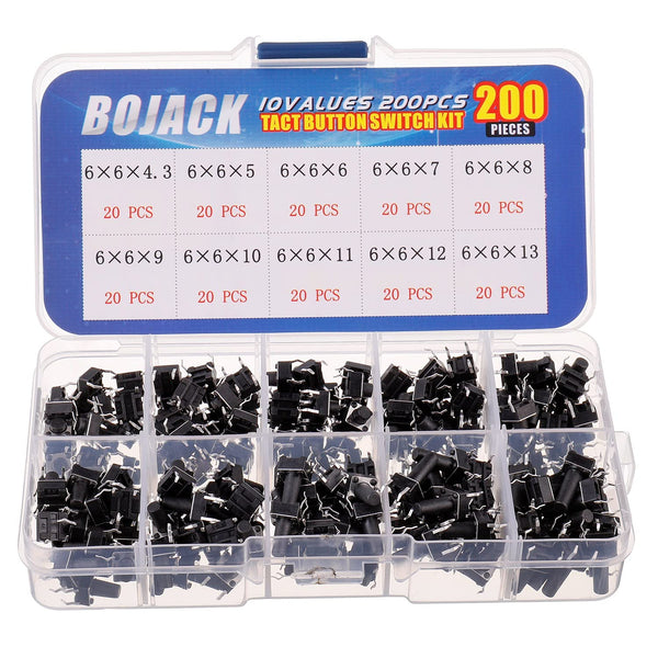 BOJACK 10 Values 200 Pcs 6x6 mm Tactile Pushbutton Switches - 4 Pin Momentary Push Button Switches Assortment Kit