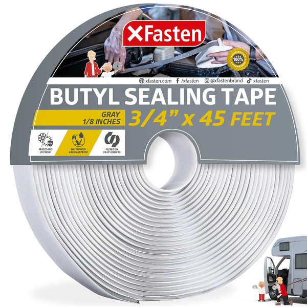 XFasten Butyl Seal Tape Gray, 1.5” Core 1/8" x 3/4'' x 45 Foot, Automotive Butyl Tape, Waterproof Butyl Sealing