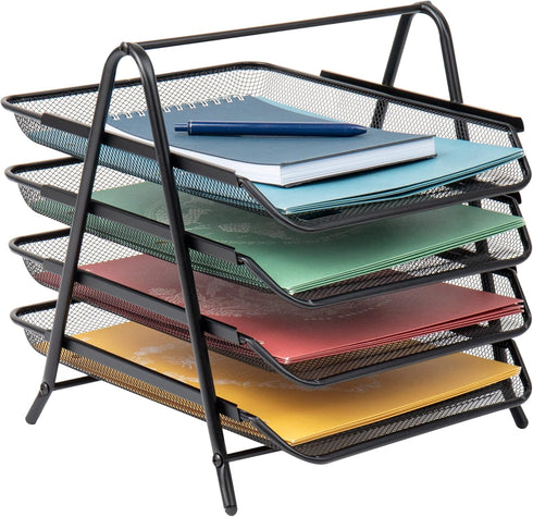 Mind Reader 4-Tier Paper Tray, Desktop Organizer, Metal Mesh, 12"L x 13.75"W x 12.5"H, Black