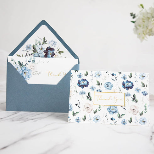 50 PACK 4x6 PONATIA Gold Foil Thank You Cards With Dusty Blue Envelopes, Floral Printing Greeting Cards With Adhesive
