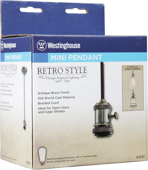 6103100 Westinghouse One-Light Adjustable Vintage Mini Pendant with Turn Knob, Antique Brass