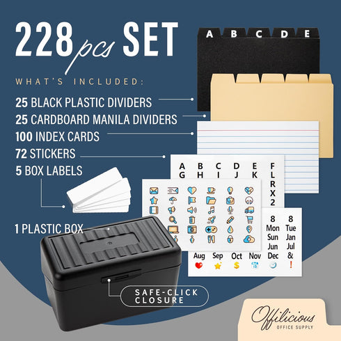 Black Index Card Holder 4x6, Index Card Box with Dividers, Ruled Cards & Stickers, Recipe Card Organizer