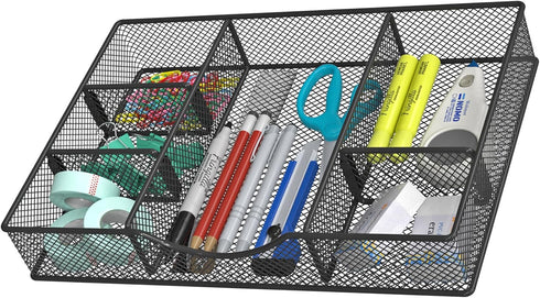 Desk Drawer Organizer Tray, Metal Mesh with 6 Adjustable Compartments, 12 x 8.26 x 1.96 inch, Black, 1 Pack