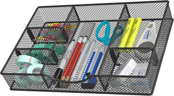 Desk Drawer Organizer Tray, Metal Mesh with 6 Adjustable Compartments, 12 x 8.26 x 1.96 inch, Black, 1 Pack