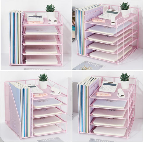 Desk Organizers and Accessories, 5-Tier Reference System with File Holder, Pink Office Supplies
