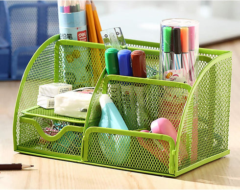 VANRA Mesh Desk Organizer, Office Supply Caddy with 6 Compartments and Drawer (Green)