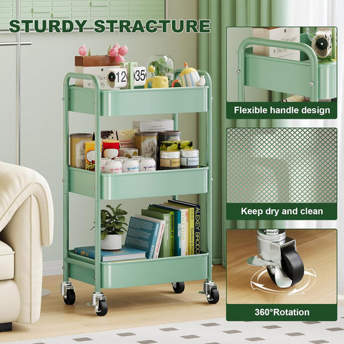 Aofure 3 Tier Rolling Storage Cart Metal with Wheels, Green Baby Diaper Caddy Carts, Three Tiered Craft Cart Organizer