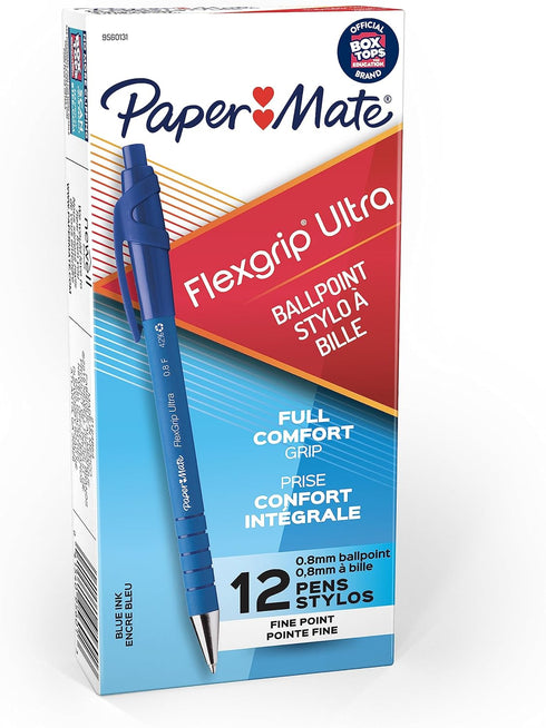 Paper Mate Flexgrip Ultra Retractable Ballpoint Pens, Fine Point, Blue Ink, 12-Pack, 9560131