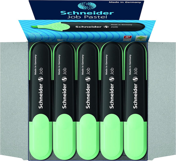 Schneider Job Pastel Highlighter, Chisel Tip, 1 + 5 mm, Black Barrel, Mint Ink, Box of 10 Highlighters (1524), Green