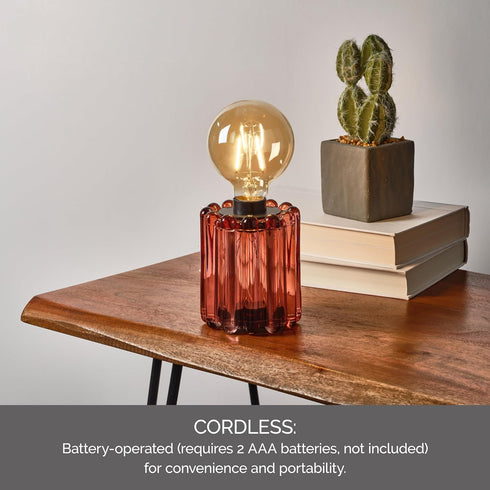 Bulb 9 Inch Elements Pink Glass LED Lantern Decorative Lighted Table lamp with Textured Pink Glass, Battery Operated;