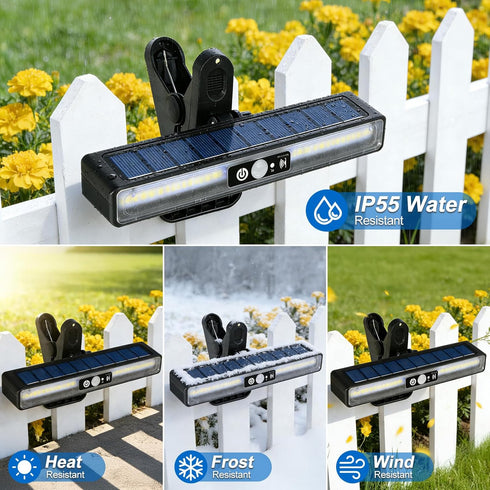 2 Pack 72 3 6000K, Clip On Solar Motion Sensor Outdoor Lights, LED Solar Fence Lights Waterproof with Modes, Portable