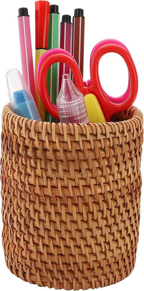 Okllen 2 Pack Handmade Rattan Pencil Holder - Woven Vine Desk Organizer for Makeup Brushes, Office & Home Desktop,