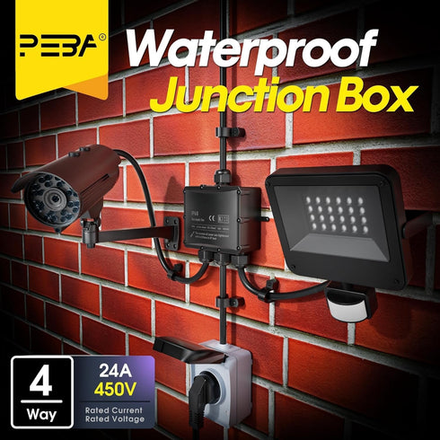 IP68 Waterproof Junction Box, 4-Way Outdoor Cable Connectors with 4 Cable M25 Gland for 4-14 mm Diameter Cable, Black