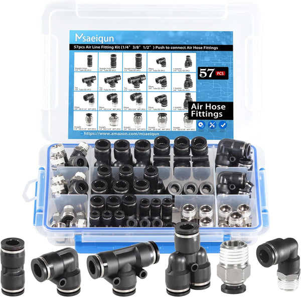 57 Pcs Push to Connect Fittings Kit, 1/4 3/8 1/2 Inch OD Air Line Pneumatic Fittings with NPT Thread, Quick Release