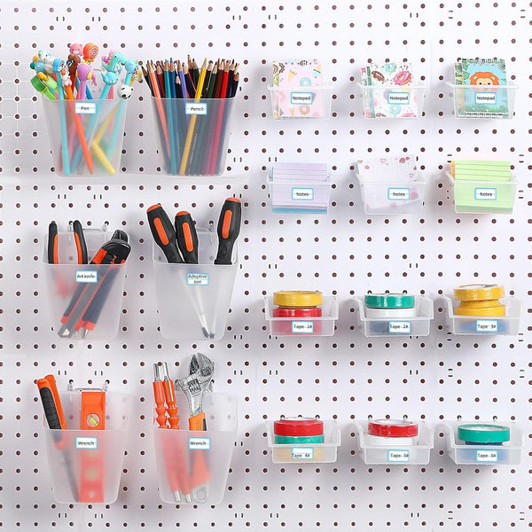 Uiifan 18 Set Pegboard Cups Kit, Plastic Pegboard Bins with Hooks and Label Stickers for DIY Tools Craft Storage