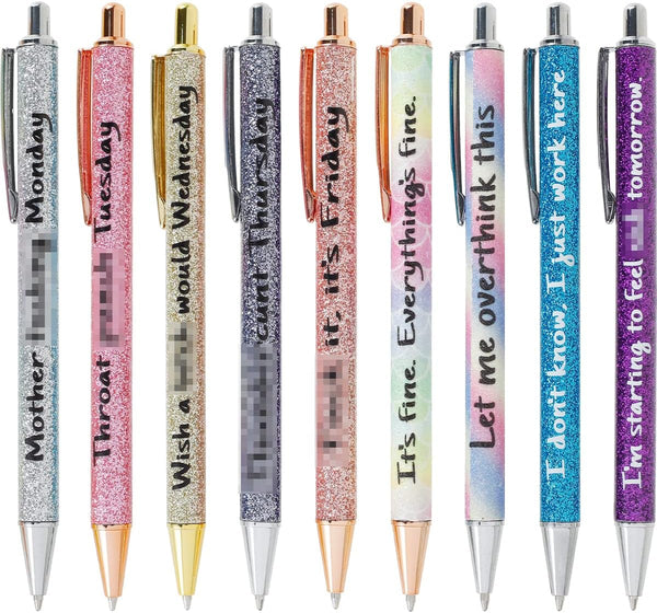 HOTBEST 9 Pcs Funny Seven Days of The Week Pen Set, Fun Ballpoint Pens Describing Mentality, Glitter Pen Set