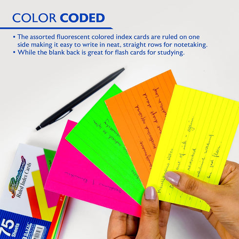 75 Count 3" 5" (596) BAZIC X Ruled Fluorescent Colored Index Card
