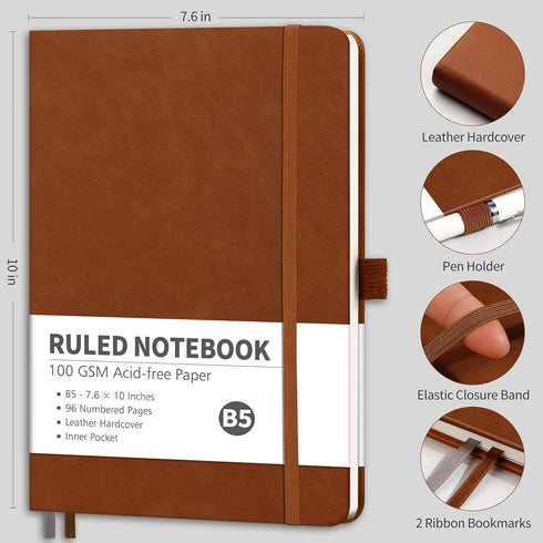 RETTACY Notebook Journal - B5 College Ruled Notebook with 96 Numbered Pages, Notebook for Work, School, Writing, 100 GSM Acid-Free Paper, Leather Hardcover, Inner Pocket, 7.6'' × 10'' (Brown)