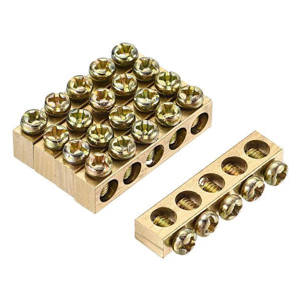 MECCANIXITY Terminal Ground Bar Screw Block Barrier Brass 5 Positions for Electrical Distribution, 5 Pcs