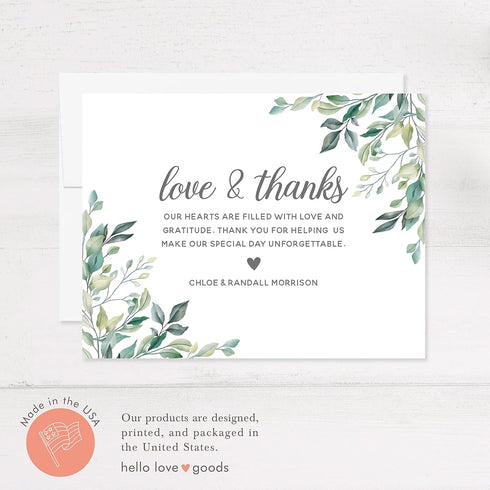 5.5x4.25 Greenery Personalized Wedding Thank You Cards with Message, Flat Thank You Note Cards with Leaves