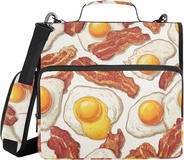 Fisyme Fried Bacon Eggs Zipper Binder 3 Ring with Zipper and Shoulder Strap