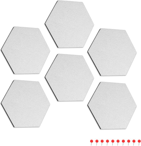 Navaris Hexagon Felt Board Tiles - Set of 6 Memo Bulletin Boards with Push Pins, 5.9 x 7 inches (15 x 17.7 cm) - White