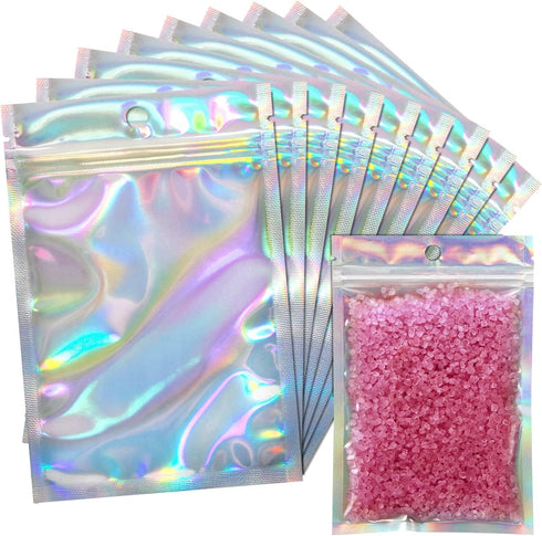 100 Pack Resealable Holographic Bags for Small Business - Iridescent Mylar Bags with Clear Front, 4 X 6 inches