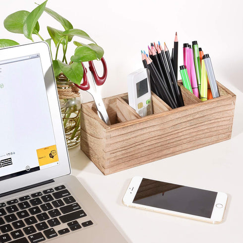 Wooden Pen Pencil Holder for Desk, 4 Compartment Rustic Rectangular Organizer, Multi-Purpose Use for Home School Office