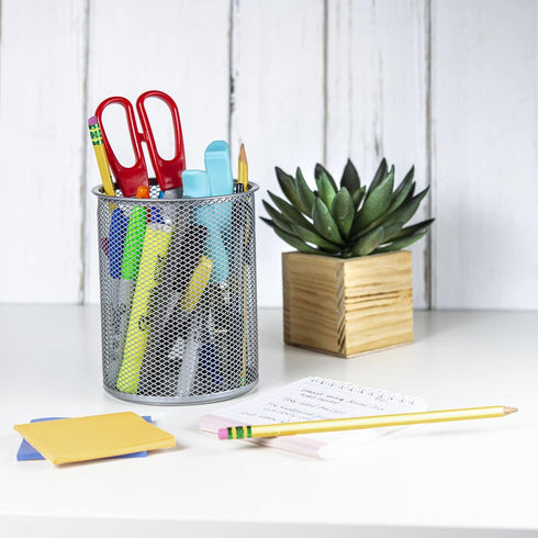 YBM HOME Office Round Desk Steel Mesh Pencil Cup | Pen Holder Silver, 2210-2 Pack of 2